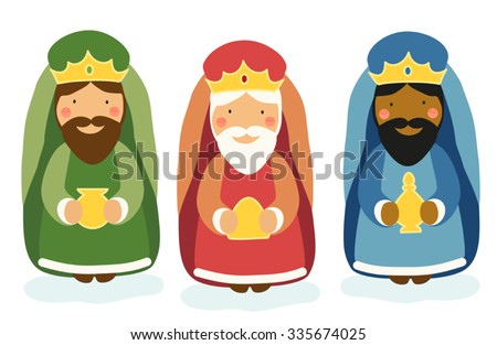 Cute hand drawn characters of Nativity scene as three kings