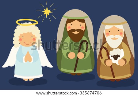 Cute hand drawn characters of Nativity scene as angel and shepherds