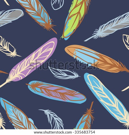 Colorful bird feathers on dark blue background/ Vector seamless pattern.