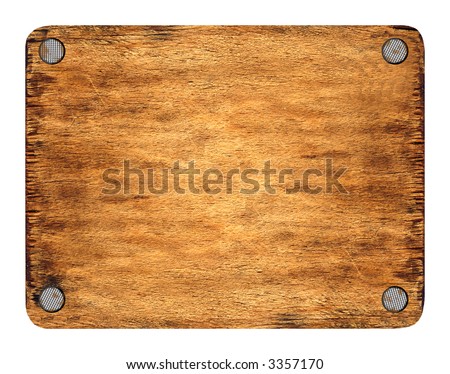 The wooden tablet nailed up on corners. The image is isolated and placed on a white background. The picture is convenient for using in a composition with the added layers.