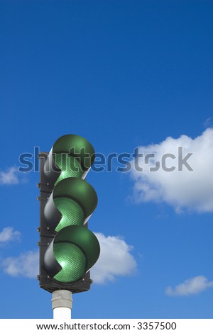 Traffic lights - all lights green in front of blue sky