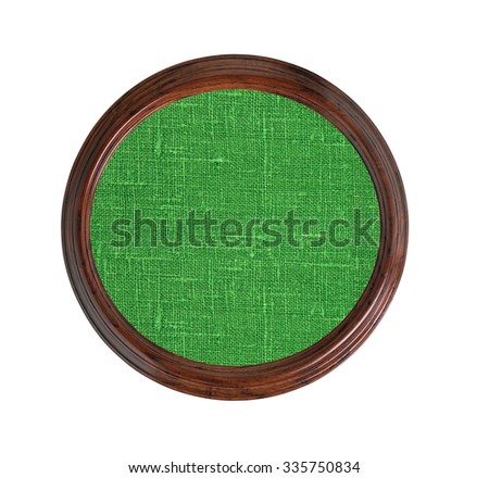Green burlap texture in wooden frame isolated on white background