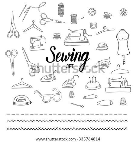 Sewing set with hand drawn elements and brush pen lettering sign. Vector illustration.