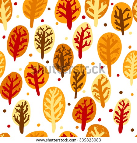 Cute autumn hand drawn trees in five colors. Forest of magic. Fabulous trees. Seamless pattern.
