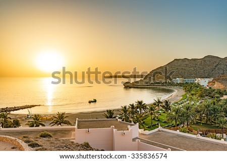 Oman Coast Landscape at Barr Al Jissah in Oman at sunrise. It is located about 20 km east of Muscat. Royalty-Free Stock Photo #335836574