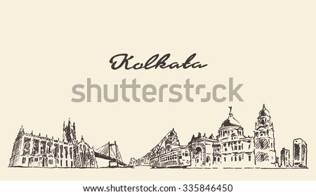Kolkata skyline, vector vintage engraved illustration, hand drawn Royalty-Free Stock Photo #335846450