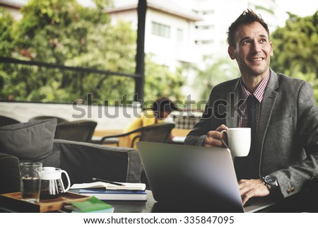 Businessman Working Coffee Shop Cheerful Busy Concept