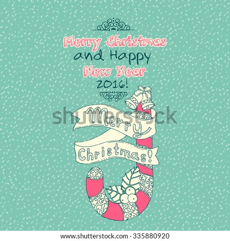 Vintage Merry Christmas doodles card with candy cane, hand-written text.