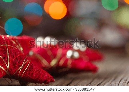 christmas decoration on rustic wooden table. Closeup view