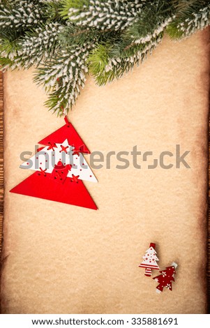 Christmas tree ornament on vintage paper card blank. Xmas holiday concept