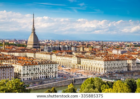 View of Turin city center with landmark of Mole Antonelliana-Turin,Italy,Europe Royalty-Free Stock Photo #335885375