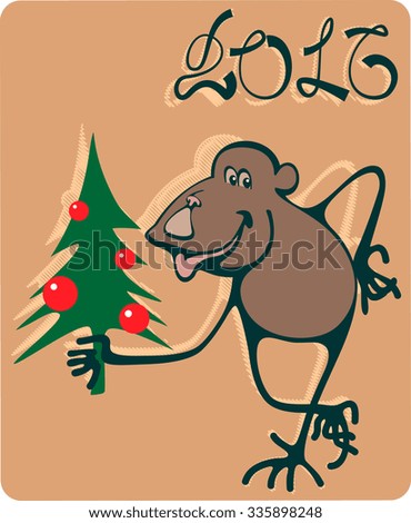 Christmas tree with a monkey. Flat. 2016 New Year.