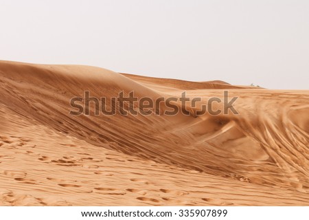 Sand dunes of the Arabian desert, close to Dubai in the United Arab Emirates. Soft vintage editing. Picture taken on a desert safari.
