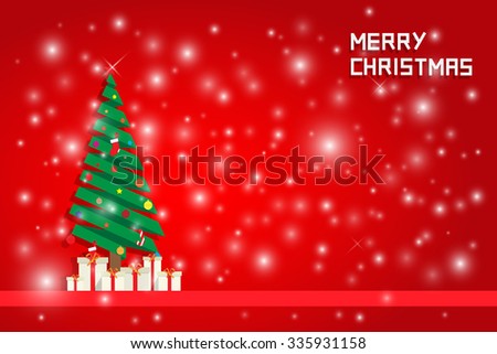 snow and chrisms tree with gift boxes on red background