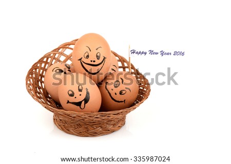 Eggs with cartoon faces many emotions of happiness for the New Year 2016.