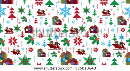 Seamless pattern, Merry Christmas, a Christmas gift items, Christmas trees, Christmas ornaments, sleigh. Print on paper, textiles and ceramics. Vector illustration.