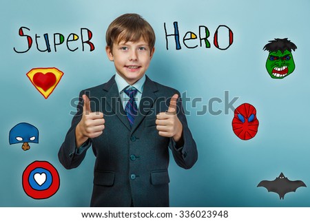 Boy in a suit style office showing sign smiling superhero and the super power of the photo studio Icons hero