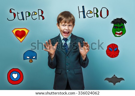 boy screaming angry businessman superhero super power at the photo studio Icons hero