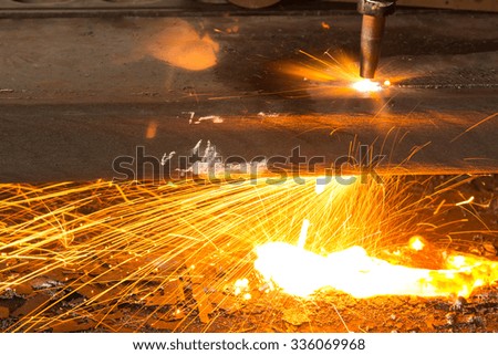 Sparkles, Fire gas cutting slab, Industry steel background.
