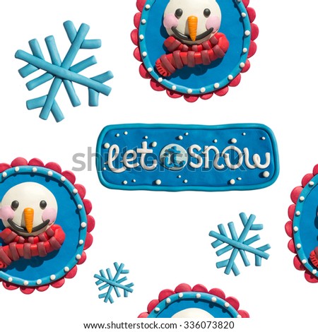 Plasticine handmade snowflakes, cartoon snowman and lettering decoration. Christmas and New Year pattern.