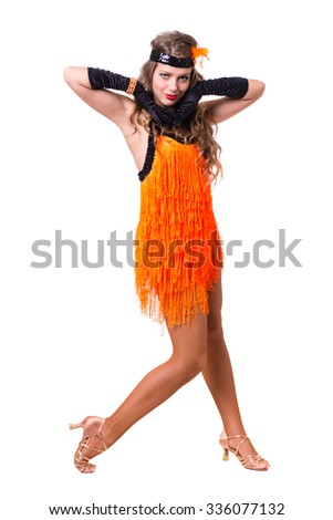 Retro dancer woman showing some movements against isolated white background