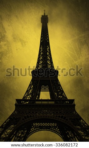 Eiffel Tower in Paris, France. Effect grunge and noise sun set background.  Royalty-Free Stock Photo #336082172