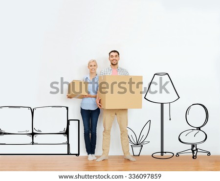 home, people, repair and real estate concept - happy couple holding cardboard boxes and moving to new place over furniture cartoon or sketch background