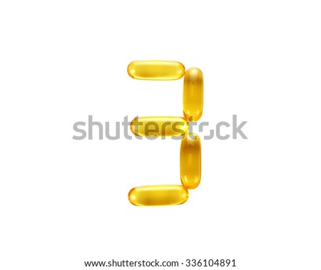 Number 3 ,fish oil omega 3 capsules on white background.