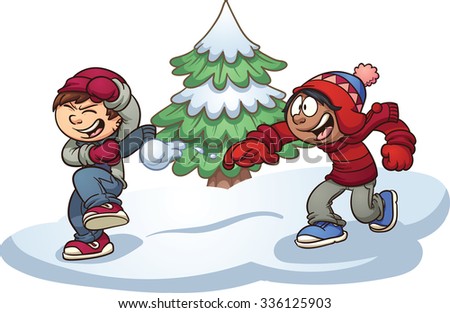 Kids throwing snowballs. Vector clip art illustration with simple gradients. Some elements are on separate layers for easy editing.