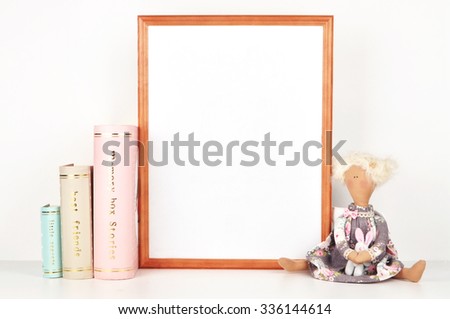 gold picture frame with decorations. Mock up for your photo or text Place your work, print art,shabby style, white background, pastel color book
