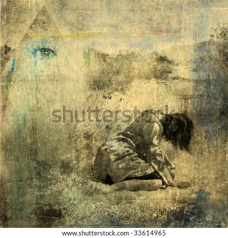 Seeker. Woman collasped in the desert with mystiical pyramid. Photo based illustration.