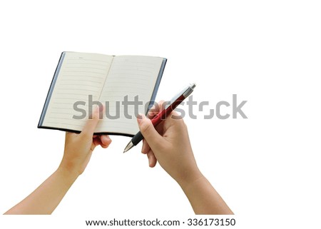 hand holding notebook and pen on white background
