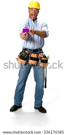 Amazed Male Construction Worker with short black hair in uniform holding business card - Isolated