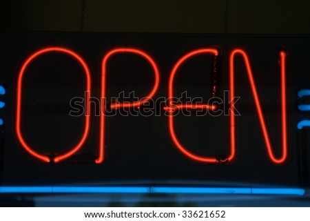 Red and blue neon open sign