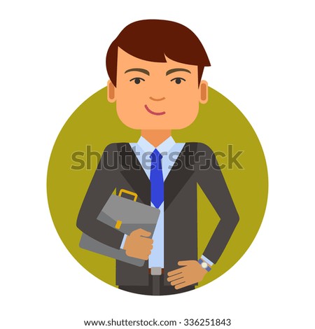 Male character, portrait of smiling young man in business suit holding briefcase
