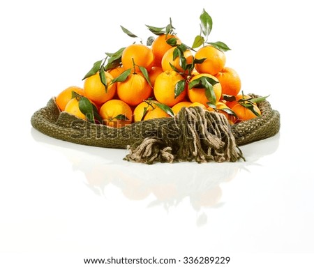 Pile of fresh oranges surrounded by a scarf over white background.