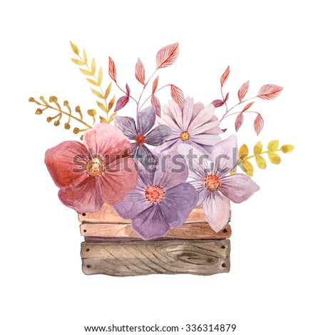 Hand painted watercolor roses in wooden crate. Floral wooden box perfect for wedding invitation and cards.