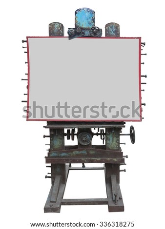 Stylish industrial style advertising panel with rusty gear and bolt and white blank space, isolated