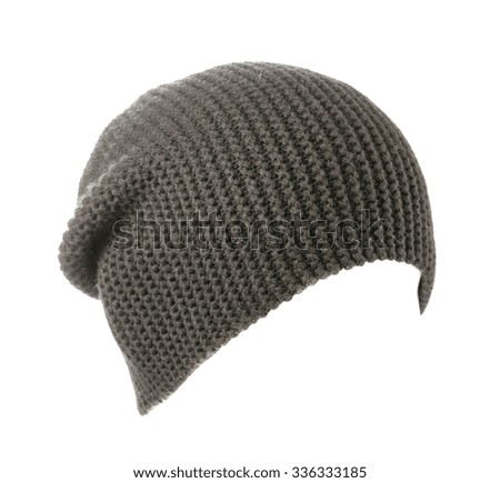  grey knitted hat isolated on white background .
