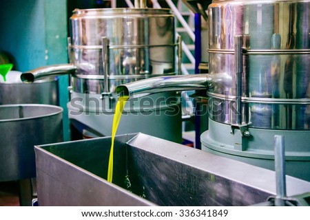Oil is pouring from the tube at a cold-press factory after the olive harvesting in one of the sicilian villages, Italy Royalty-Free Stock Photo #336341849