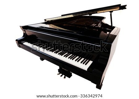 Closeup view of one beautiful big shiny black open piano forte with white key board standing in studio isolated on white background, horizontal picture