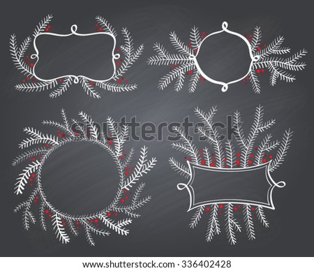 Christmas tree decor elements for invitations, print, card, banner.New year holiday vector,nature illustration on blackboard.