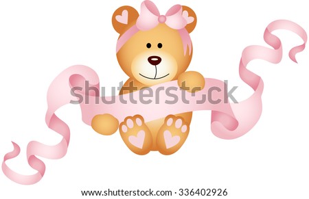 Teddy bear girl holding a pink ribbon banner