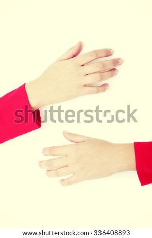 Overweight female hands holding -huging- blank board