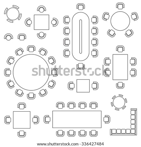 Business furniture symbols used in architecture plans icons set, top view, graphic design elements, outlined, black isolated on white background, vector illustration. Royalty-Free Stock Photo #336427484