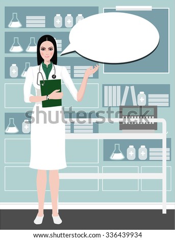 Young cute doctor providing information with a smile on a speech bubble background.Health care, Nurse hat, Cartoon Nurse. isolated on white. Clipping mask is used in the EPS file.