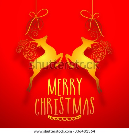 Creative golden hanging reindeers on glossy red background for Merry Christmas celebration. 