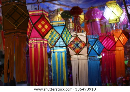 Traditional lantern close ups on street side shops on the occasion of Diwali festival in Mumbai, India. Royalty-Free Stock Photo #336490910
