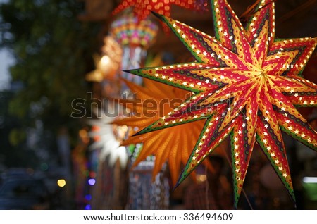 Traditional lantern close ups on street side shops on the occasion of Diwali festival in Mumbai, India. Royalty-Free Stock Photo #336494609