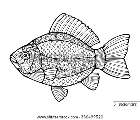 Fish, ornamental graphic fish, floral line pattern. Vector. Zentangle. Coloring book page for adult. Hand drawn artwork. Bohemia concept for restaurant menu card, branding, logo label. Black and white